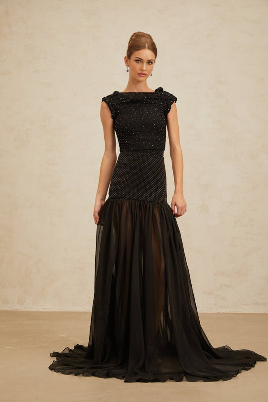 Black cropped bateau neck top with rhinestone embellishment and braid detailing