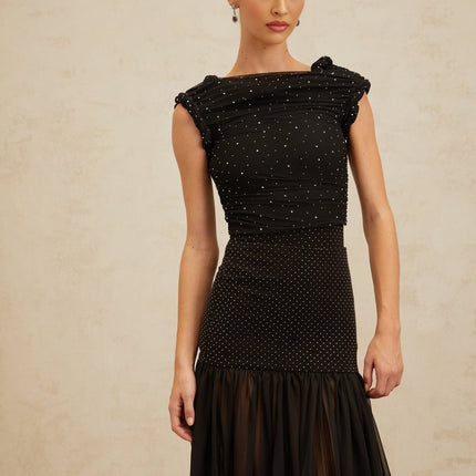 Black cropped bateau neck top with rhinestone and braid detailing