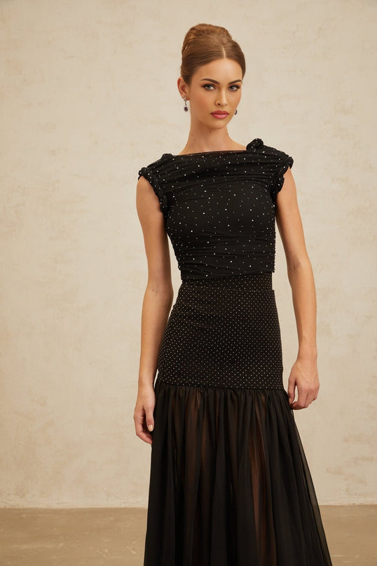 Black cropped bateau neck top with rhinestone and braid detailing
