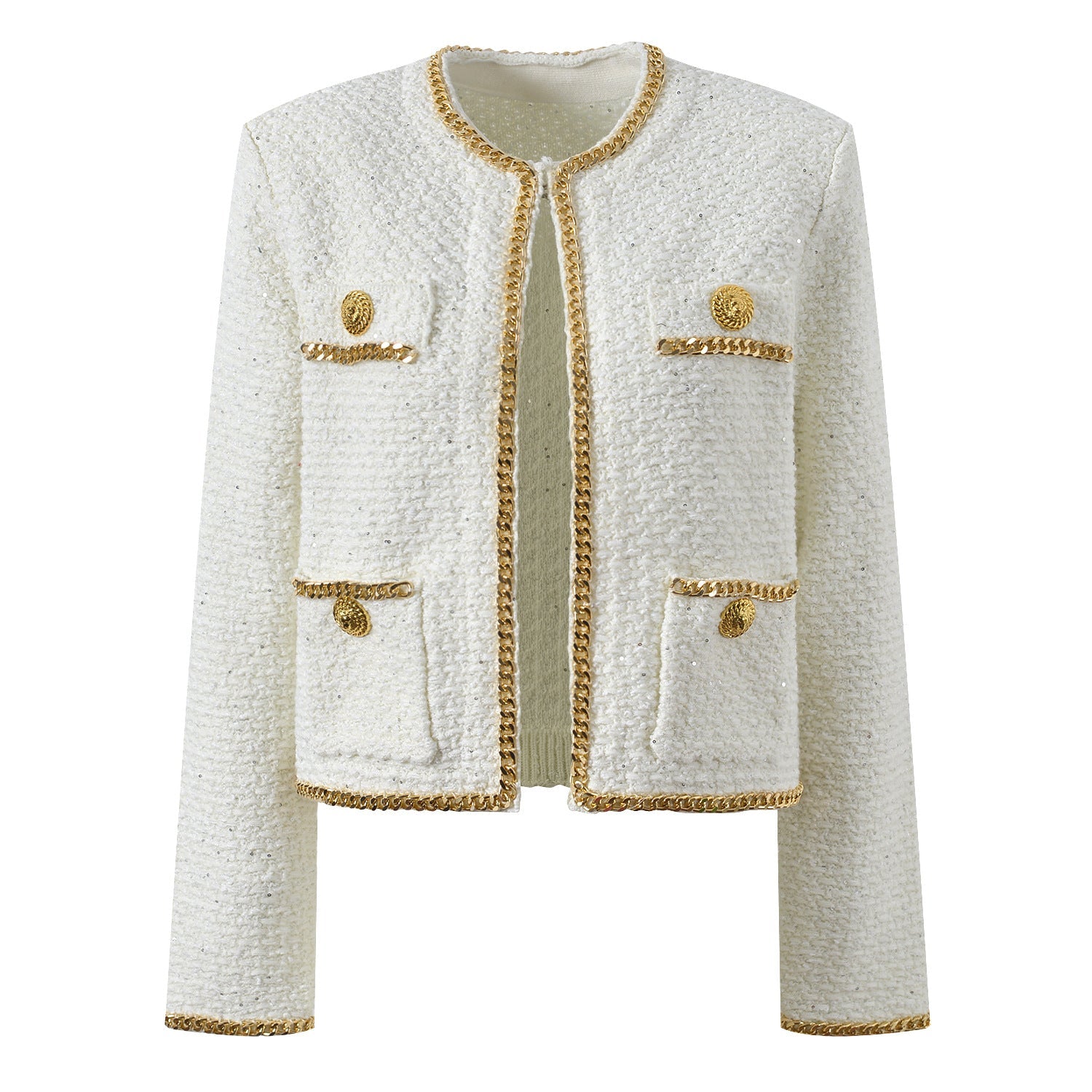 Black cropped boxy jacket with sparkling accents and gold chain trim and buttons