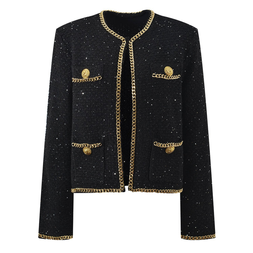 Black cropped boxy jacket with sparkling accents and gold chain trim