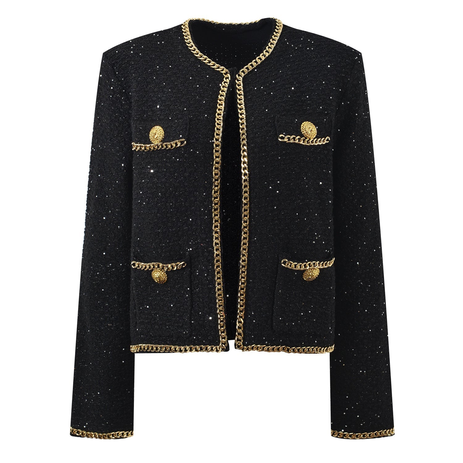 Black cropped boxy jacket with sparkling accents and gold chain trim