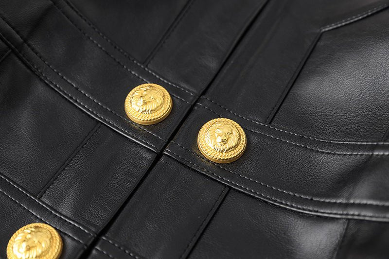 Black cropped leather jacket with gold button embellishments