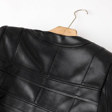 Black cropped leather jacket with gold button embellishments