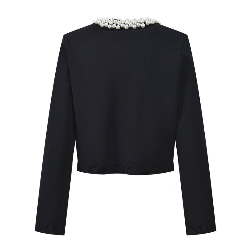 Black Cropped Top and Flared Skirt with Pearl Collar