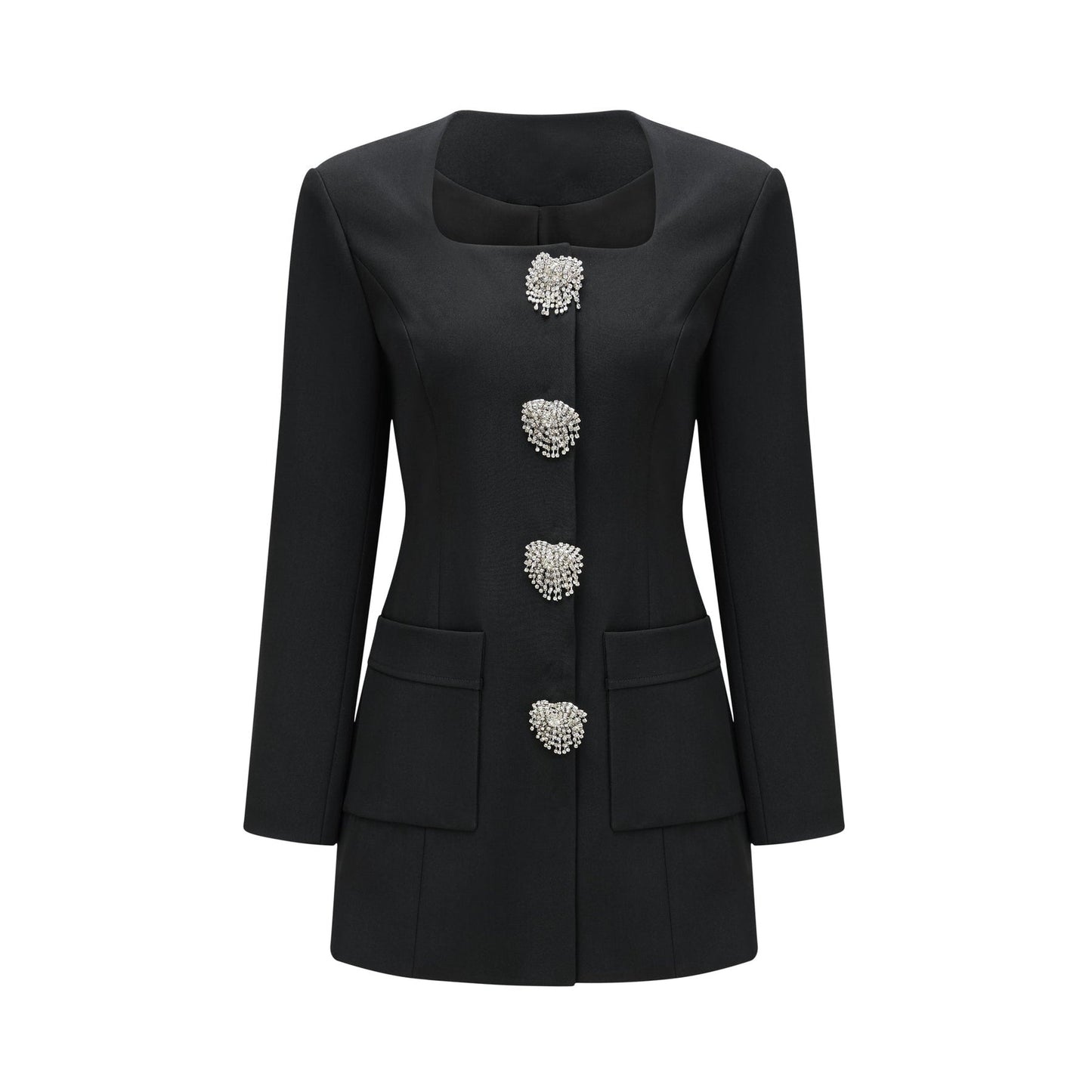 Black crystal embellished mini dress with short sleeves and fitted silhouette