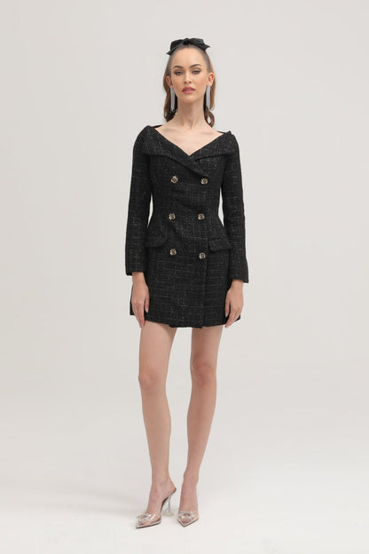 Black double breasted coat dress named Erin