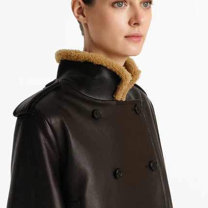 Laura wearing Black Dress Streetwear Style leather jacket with lamb fur accents