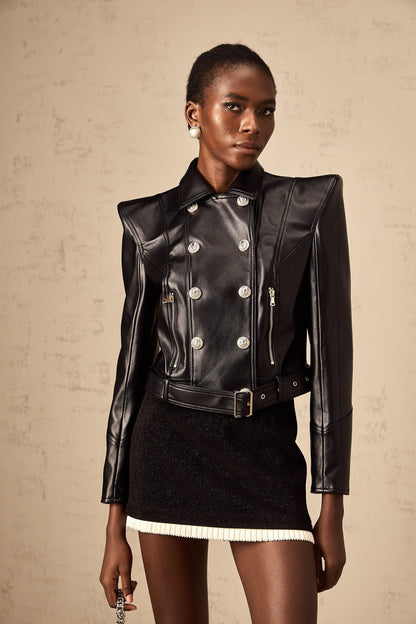 Black faux leather jacket with double breasted design and front pockets