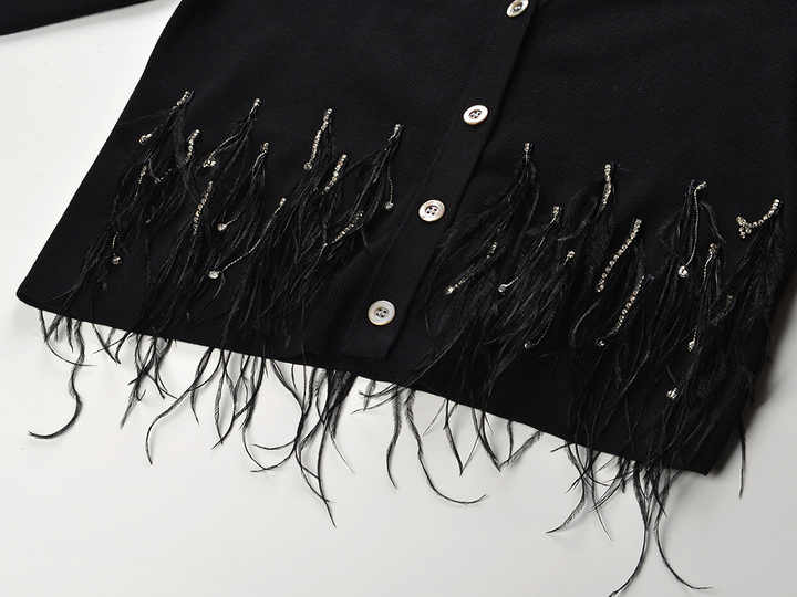 Black Feather Detail Knit Cardigan