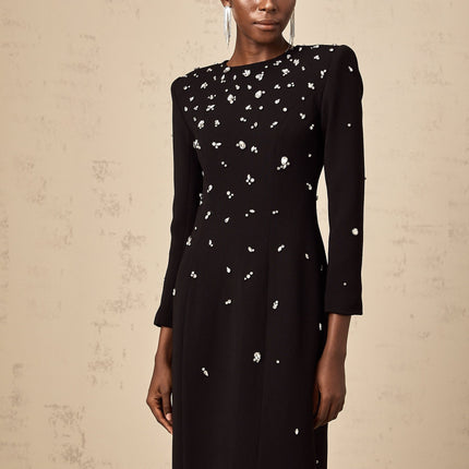 Black floor length dress with crystal embellishments