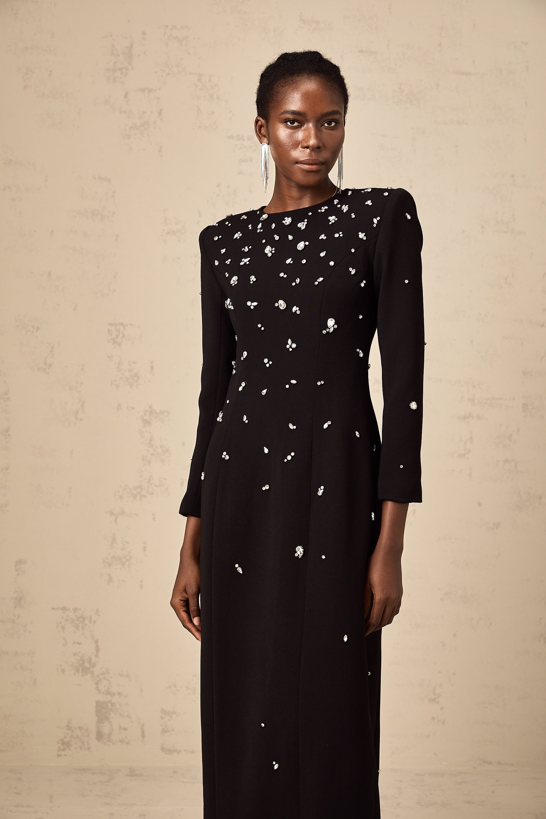 Black floor length dress with crystal embellishments