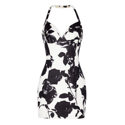 Black floral bodycon dress with halter neck on white background