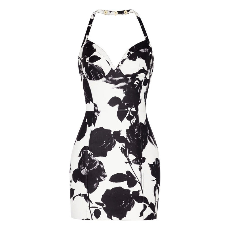 Black floral bodycon dress with halter neck on white background
