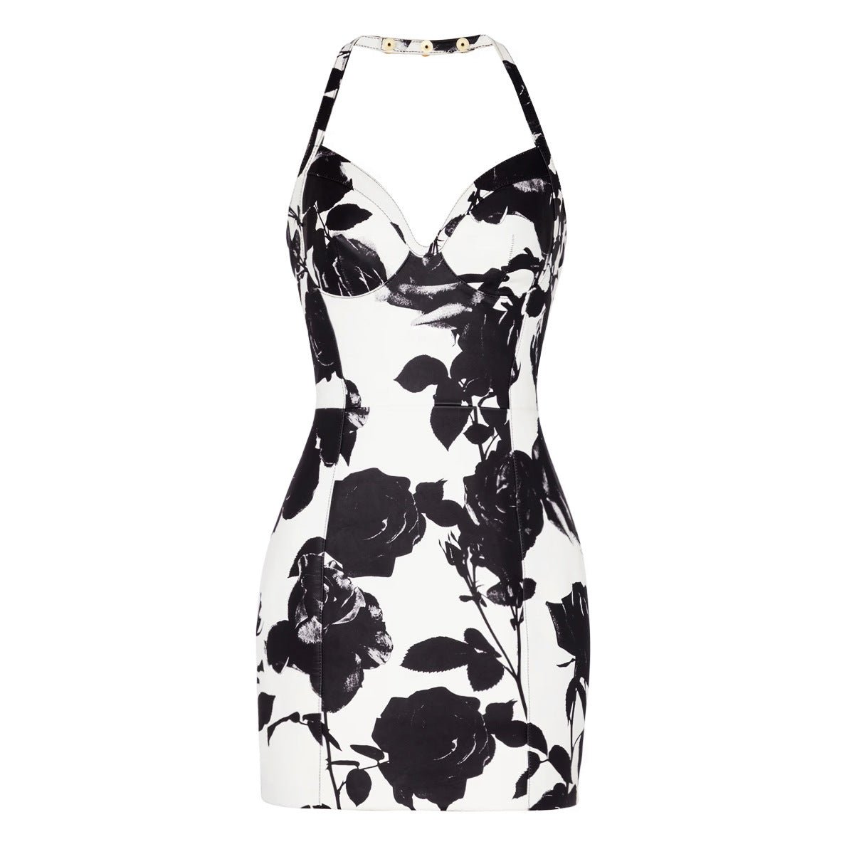 Black floral bodycon dress with halter neck on white background