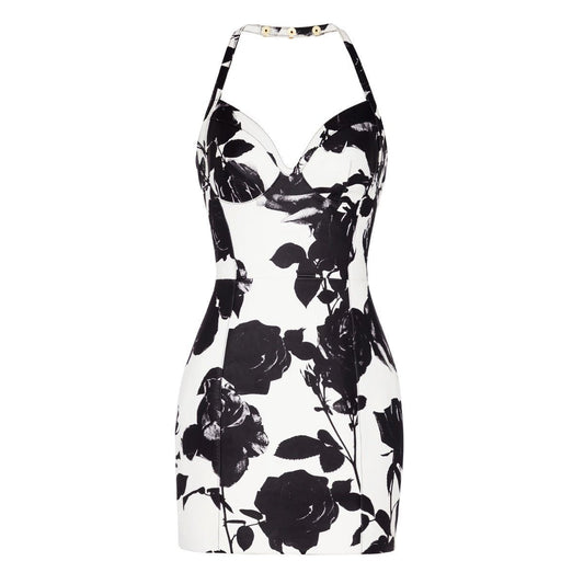 Black floral bodycon dress with halter neck on white background