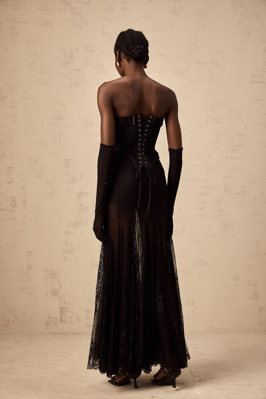 Black floral lace corset skirt and gloves set named Violaine featuring delicate floral patterns and matching pieces