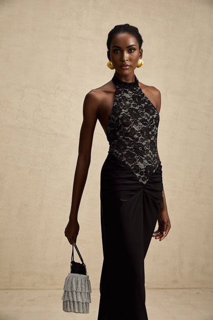 Black floral lace maxi dress with halter neckline and long flowing skirt