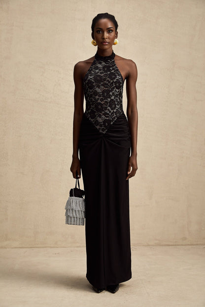 Black floral lace maxi dress with halter neckline named Camille