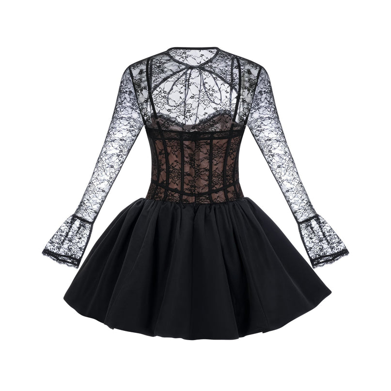 Black floral lace vest and dress matching set called Louise featuring delicate floral patterns on a dark background
