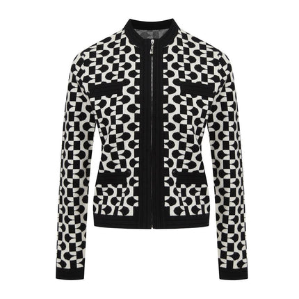 Black Geometric Zipper Varsity Knit Cardigan Sweater for women