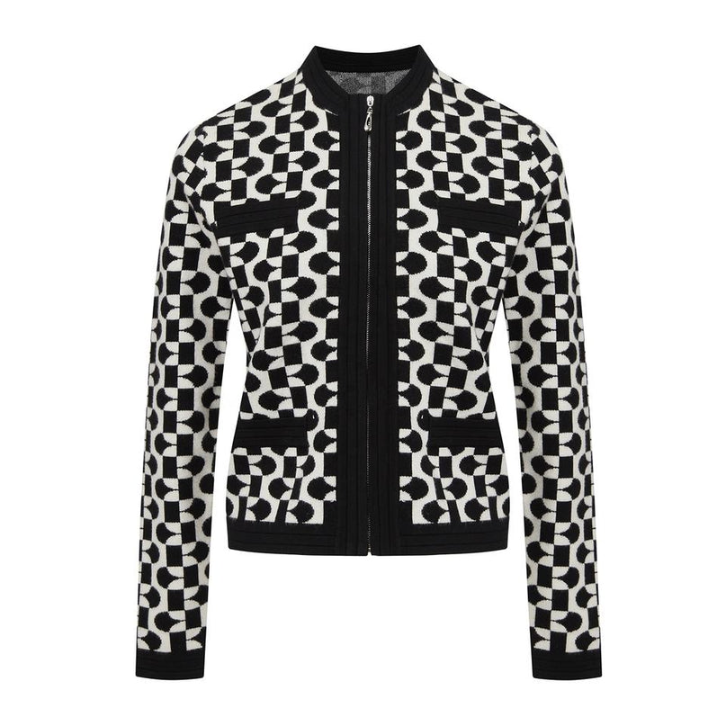Black Geometric Zipper Varsity Knit Cardigan Sweater for women