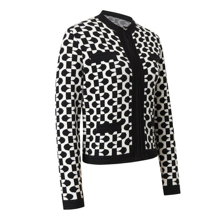 Jane wearing Black Geometric Zipper Varsity Knit Cardigan Sweater for women