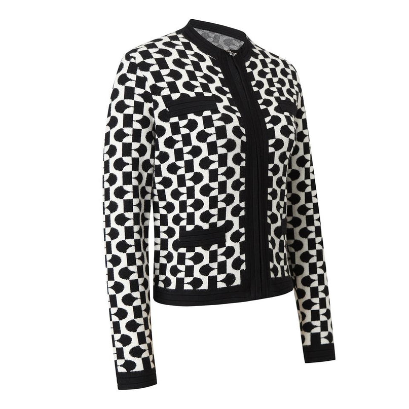 Jane wearing Black Geometric Zipper Varsity Knit Cardigan Sweater for women