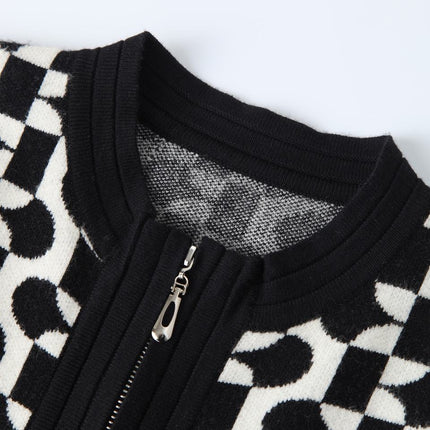 Womens Black Geometric Zipper Varsity Knit Cardigan Sweater