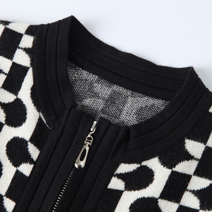 Womens Black Geometric Zipper Varsity Knit Cardigan Sweater