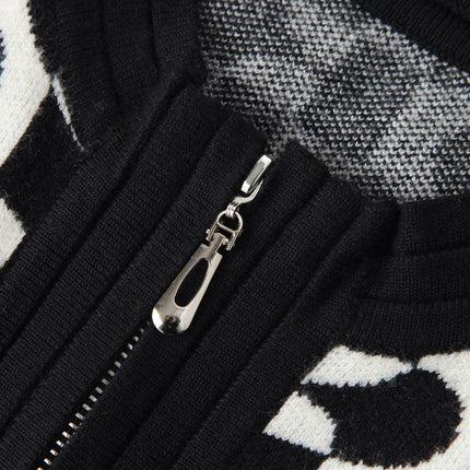 Women's Black Geometric Zipper Varsity Knit Cardigan Sweater