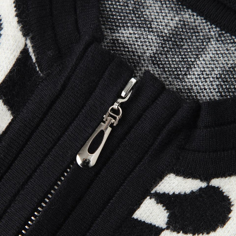 Women's Black Geometric Zipper Varsity Knit Cardigan Sweater