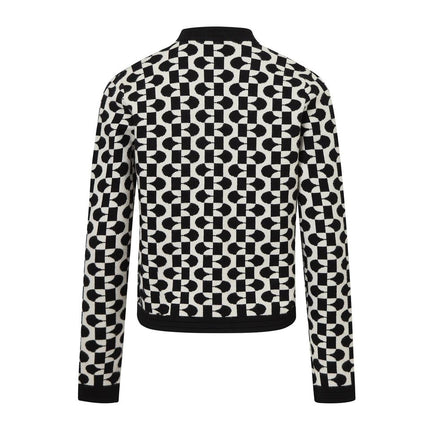 Jane wearing Black Geometric Zipper Varsity Knit Cardigan Sweater for women