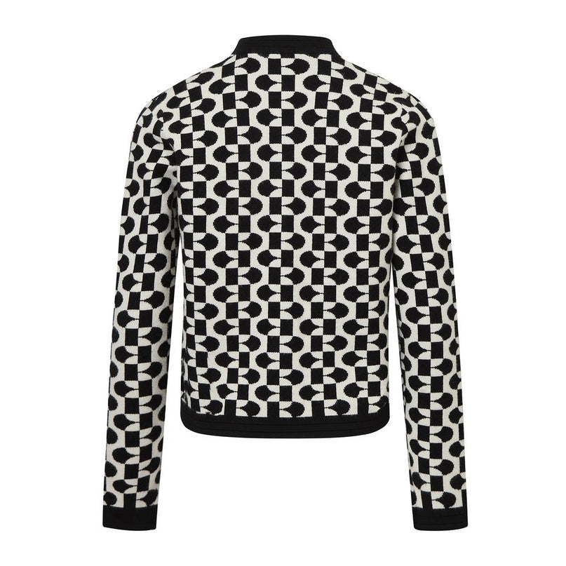 Jane wearing Black Geometric Zipper Varsity Knit Cardigan Sweater for women