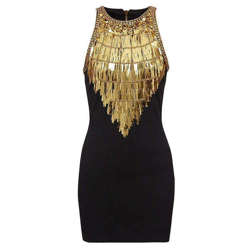 Black bodycon dress with gold sequin fringe