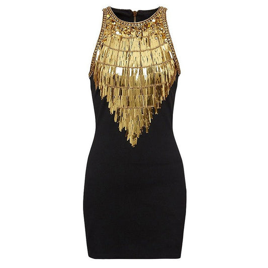 Black bodycon dress with gold sequin fringe