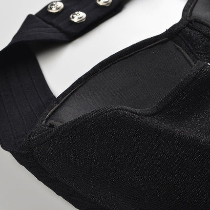 Black A-line halter dress with floral embellishment