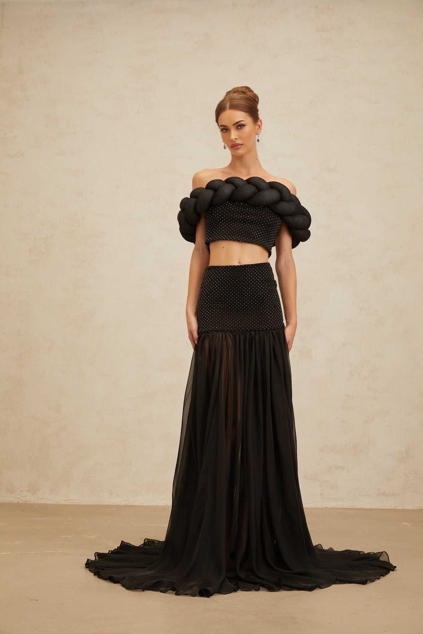Black high rise maxi skirt with rhinestone embellishment and tulle panelling