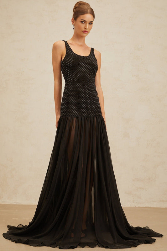 Black high rise rhinestone embellished tulle panel maxi dress with shirred effect and train design