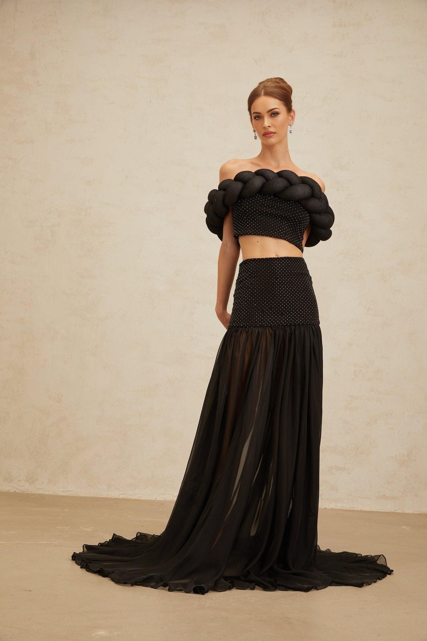 Black high rise rhinestone embellished tulle panel maxi skirt with shirred effect and train design