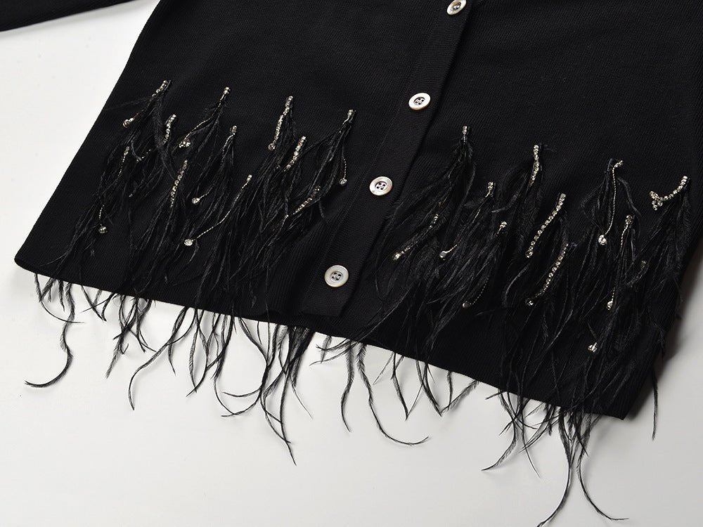 Black Knit Feather Detail V-Neck Sweater