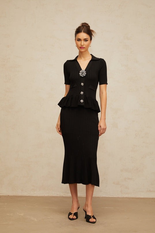 Black knit midi dress with embellishments and pointelle details