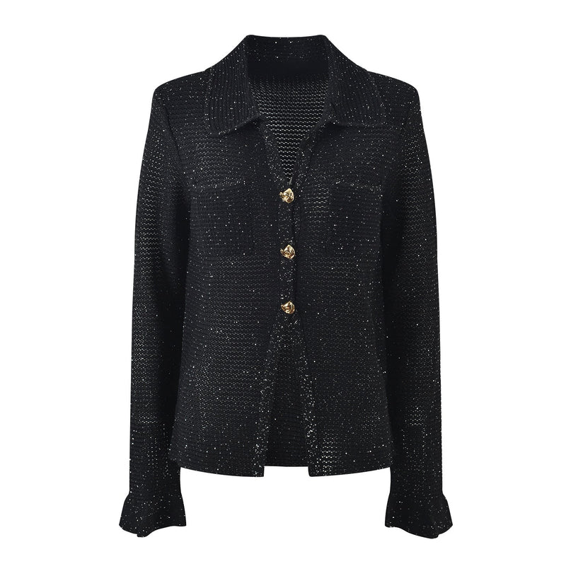 Black knit shirt jacket with gold button embellishments