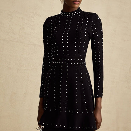 Black knitted mini dress with embellishments and ruffles named Fabienne