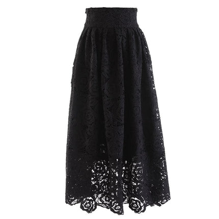 Black lace maxi skirt with high-waisted design