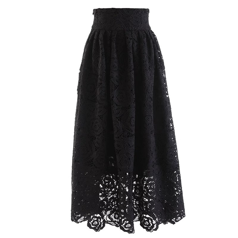 Black lace maxi skirt with high-waisted design
