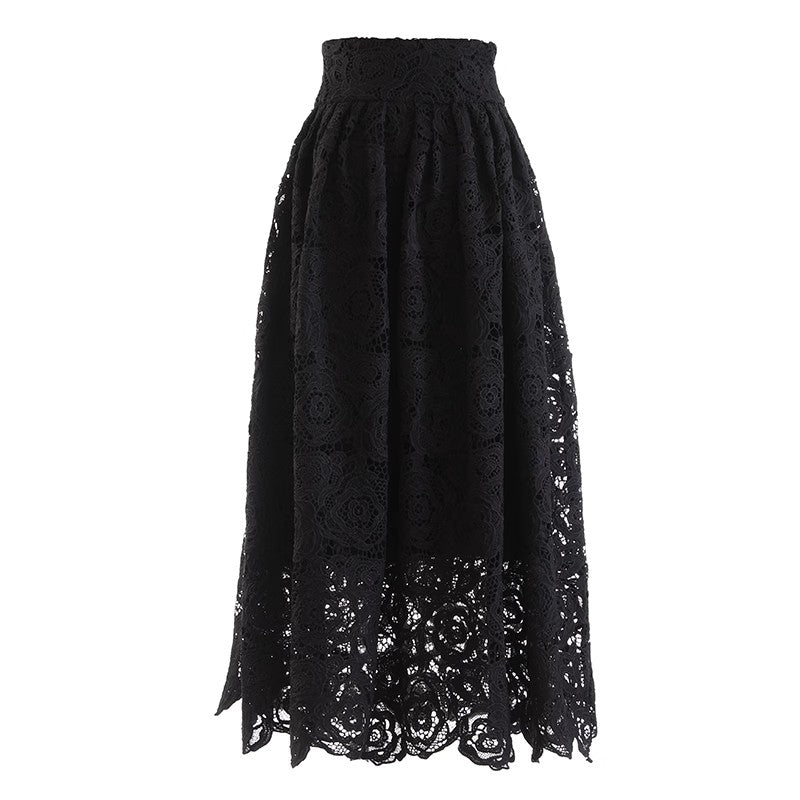 Black lace maxi skirt with high-waisted design