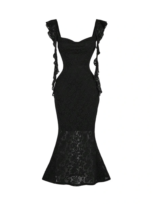 Black lace mermaid dress with ruffled straps, cut-out sides, and a fitted silhouette designed for an elegant and sophisticated appearance