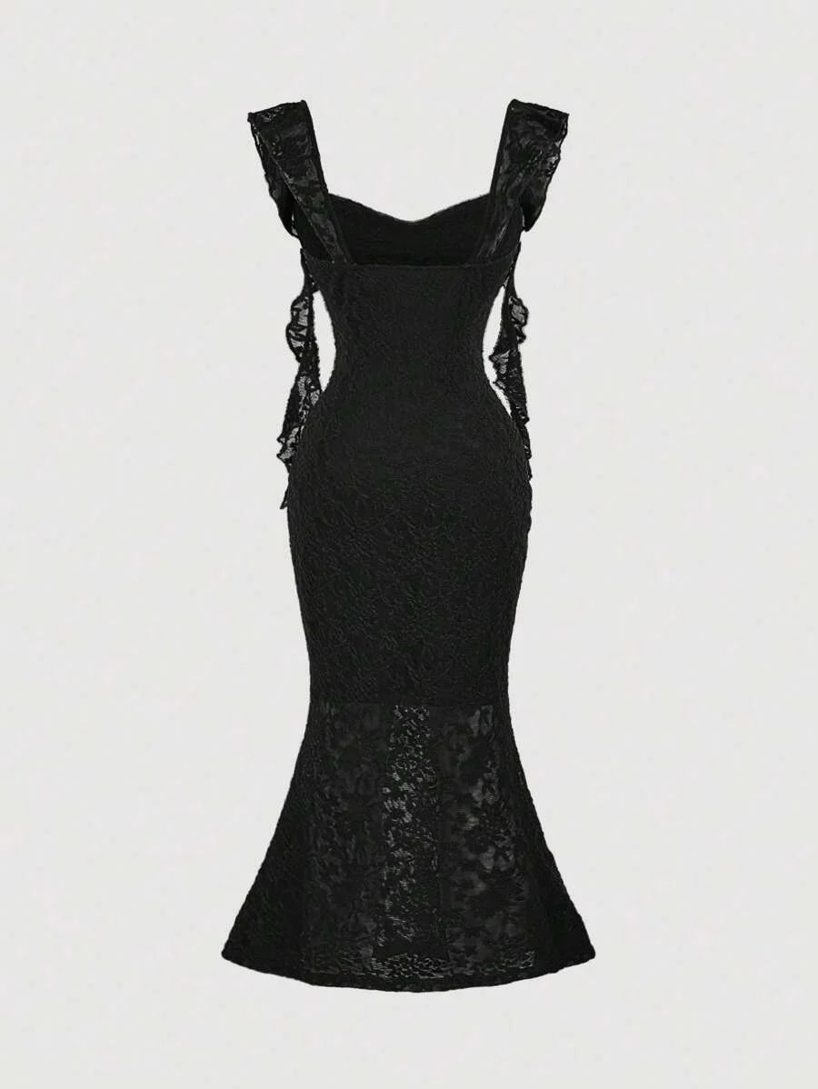 Black Lace Party Dress With Swollen Collar And Fungus Streamers Decorated Apricot Tight Long Dress