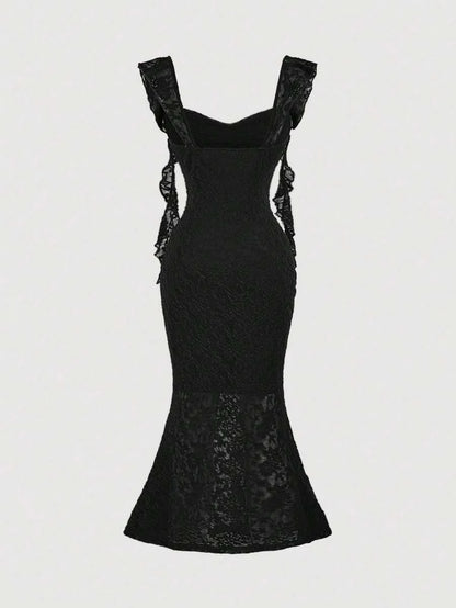 Black Lace Party Dress With Swollen Collar And Fungus Streamers Decorated Apricot Tight Long Dress